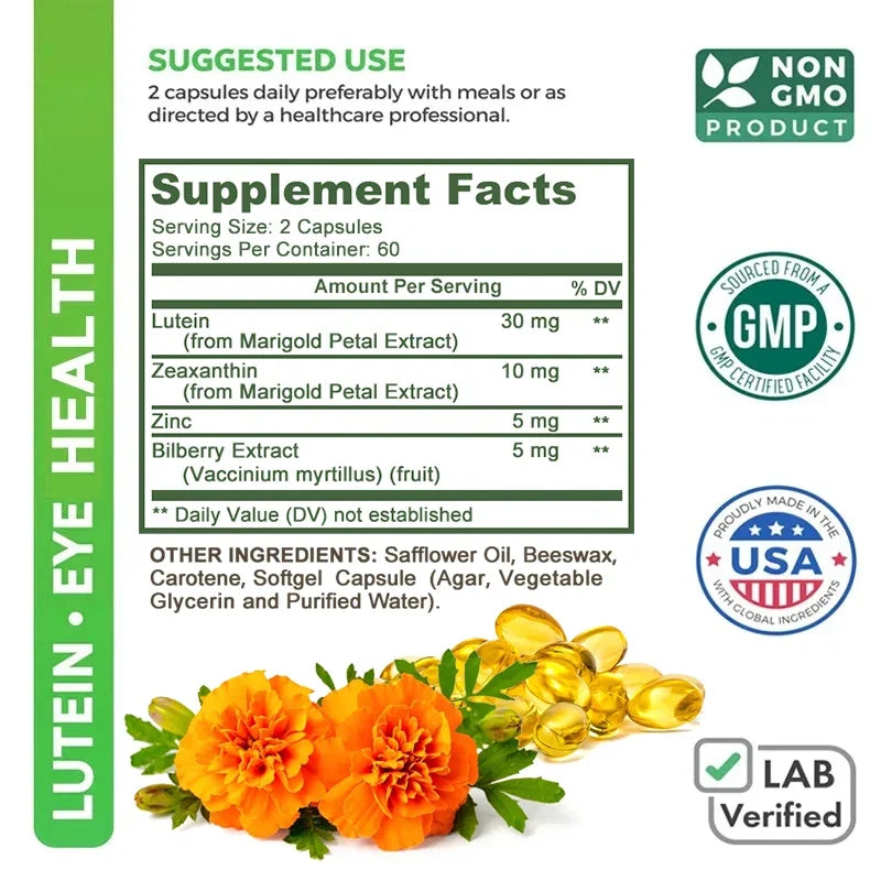 Daitea Eye Vitamins with Lutein and Zeaxanthin Extract Supports Tired, Dry Eyes, Macular and Vision Health, 30/60/120 Capsules