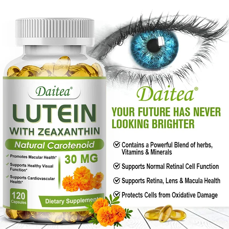 Daitea Eye Vitamins with Lutein and Zeaxanthin Extract Supports Tired, Dry Eyes, Macular and Vision Health, 30/60/120 Capsules