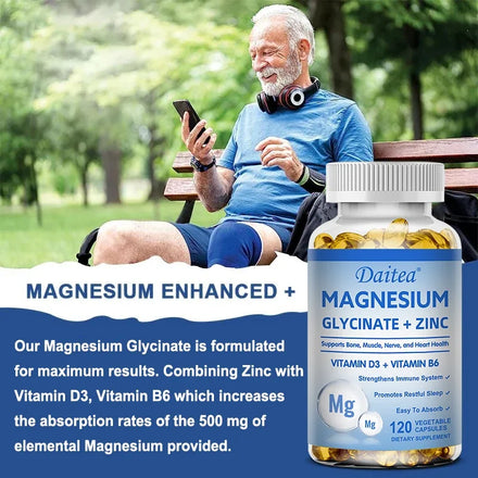 Daitea Magnesium and Zinc Capsules - Magnesium Glycinate Supplement to Support Muscle, Nerve, Joint and Heart Health