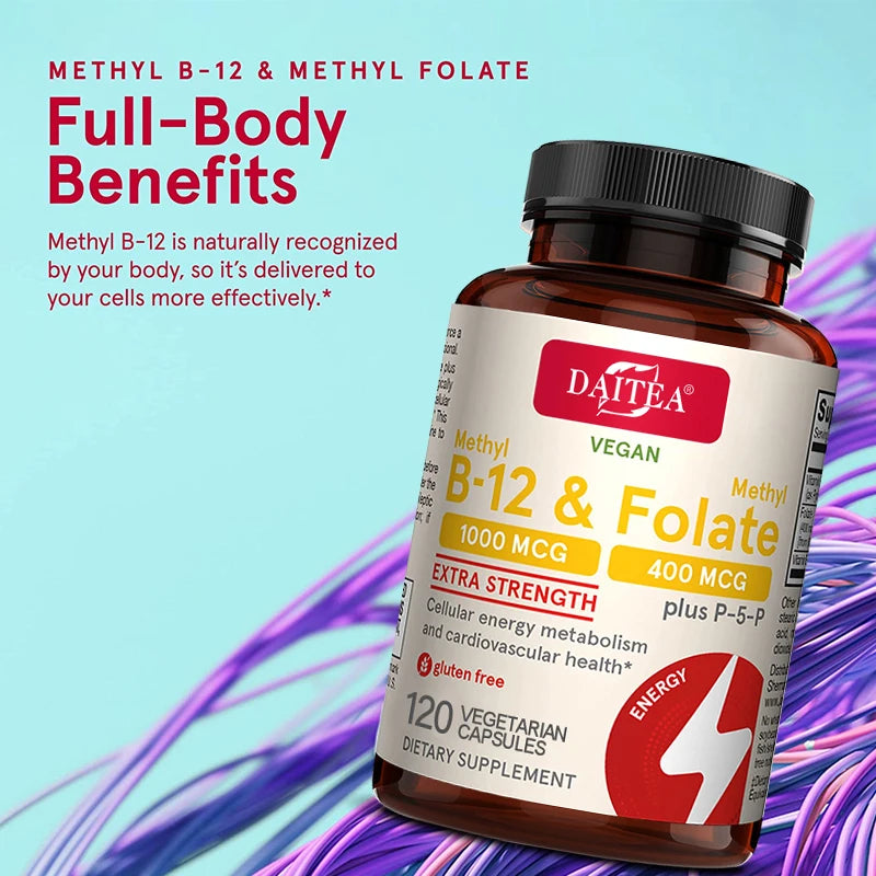 Daitea Methyl B-12 and Methylfolate - Bioactive Vitamins B12 and B9 - Support Energy Production, Brain Function