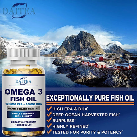 Daitea Omega 3 Fish Oil Capsules Supplement Rich In DHA EPA For Anti-aging Skin Eyes Heart Brain Health Support Immune System