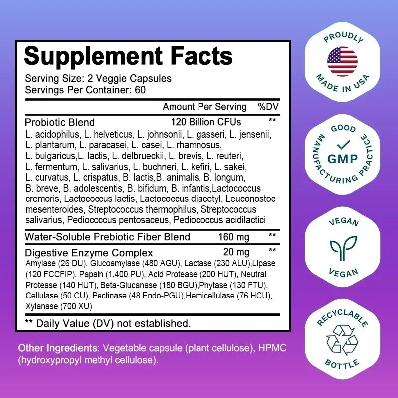 Digestive Health Probiotics 120 Billion CFU Prebiotics & Digestive Enzymes Adult Probiotic Supplement, Promotes Gut Health