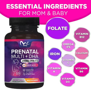 Female prenatal multivitamin containing folic acid, Omega 3, vitamin D3, B6, B12, and iron DHA, non GMO-60 soft capsules