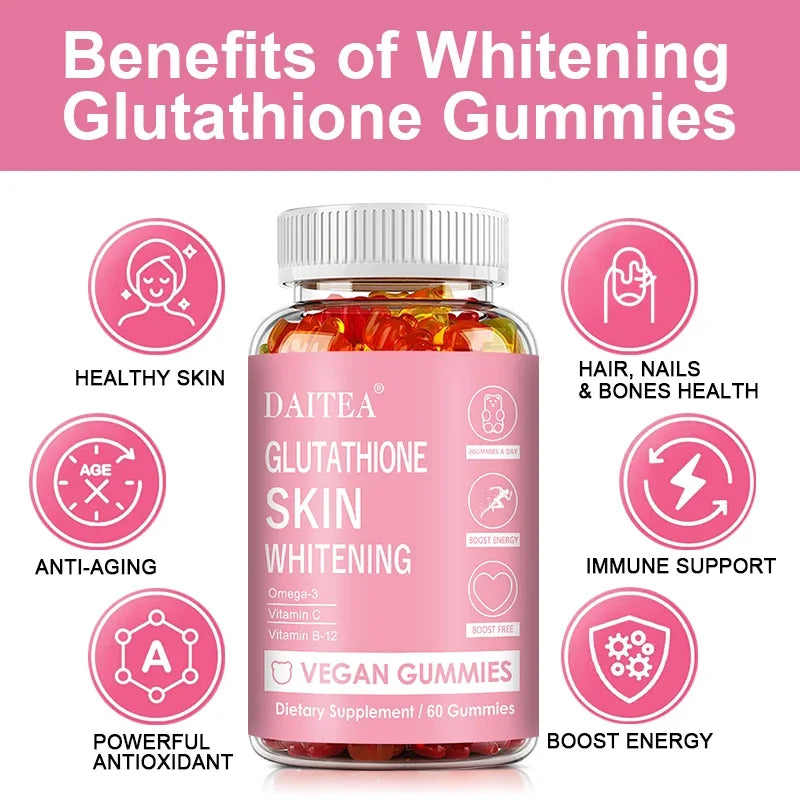 Glutathione Gummies - Contains Omega-3, Vitamin C, Vitamin B12 for Skin Whitening, Anti-Aging, Hair, Nails and Glowing Skin