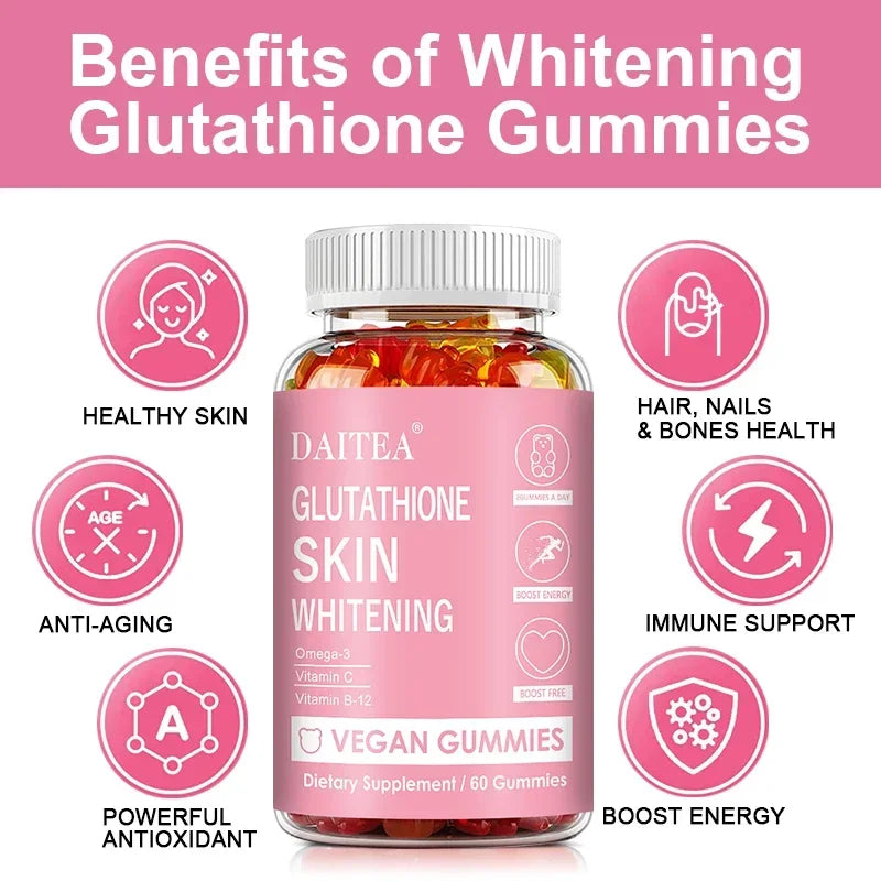 Glutathione Gummies - Contains Omega-3, Vitamin C, Vitamin B12 for Skin Whitening, Anti-Aging, Hair, Nails and Glowing Skin