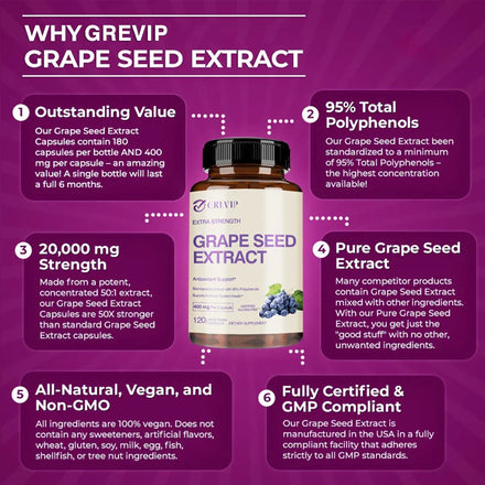 Grape Seed Extract Capsules - Skin Whitening, Wrinkle Reduction, Antioxidant, Anti-aging