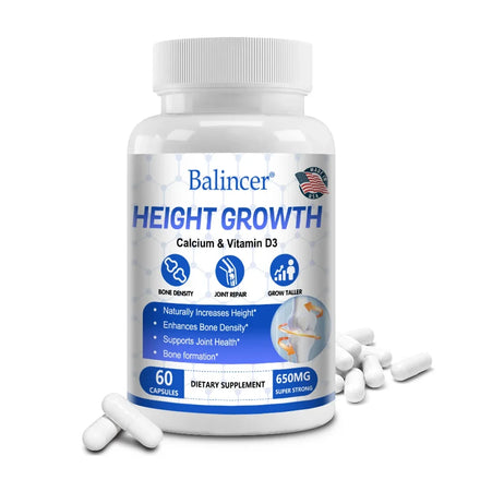 Height growth supplement contains calcium and vitamin D3 to help increase height, bone density, and joint health support