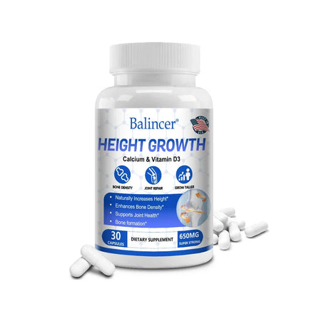 Height growth supplement contains calcium and vitamin D3 to help increase height, bone density, and joint health support