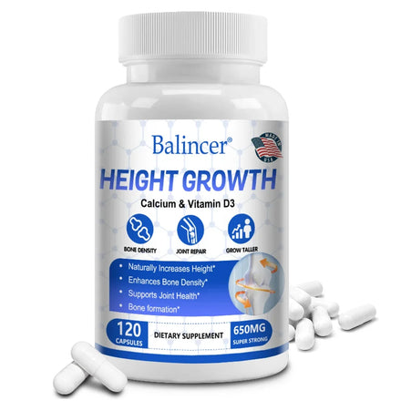 Height growth supplement contains calcium and vitamin D3 to help increase height, bone density, and joint health support