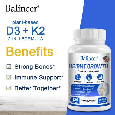 Height growth supplement contains calcium and vitamin D3 to help increase height, bone density, and joint health support