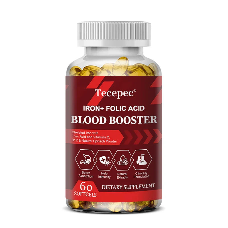 Iron + Folic Acid Blood Booster - Chelated Iron & Folic Acid, Vitamin C, B12 and Natural Spinach Powder for Better Absorption