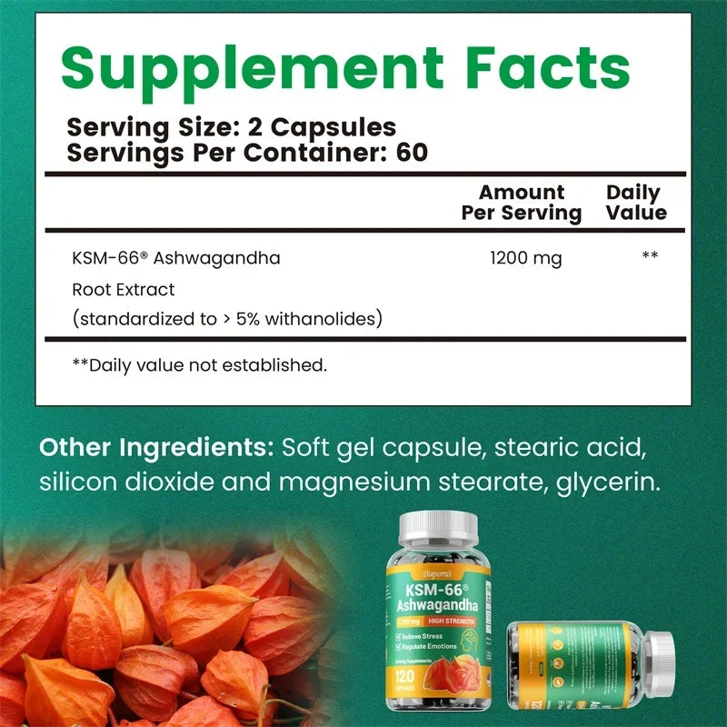 KSM-66 Ashwagandha Supplement - Relieve Stress, Improve Sleep, Support Brain Health, Muscle and Strength, Boost Immunity