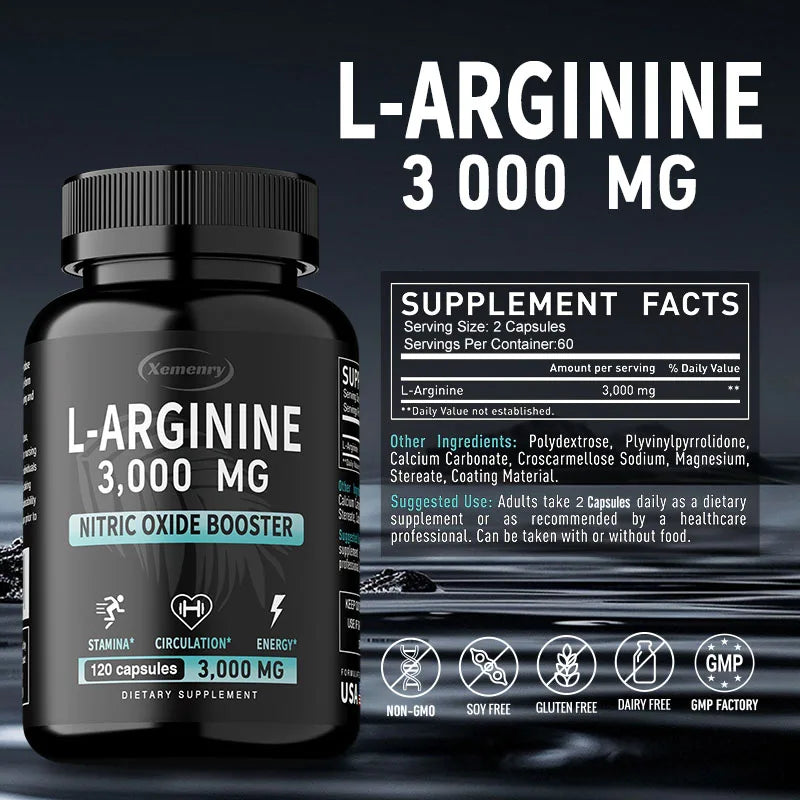 L-Arginine 3000mg - Supports Muscle Growth, Vascular Function, Boosts Energy, Improves Endurance, and Promotes Blood Circulation