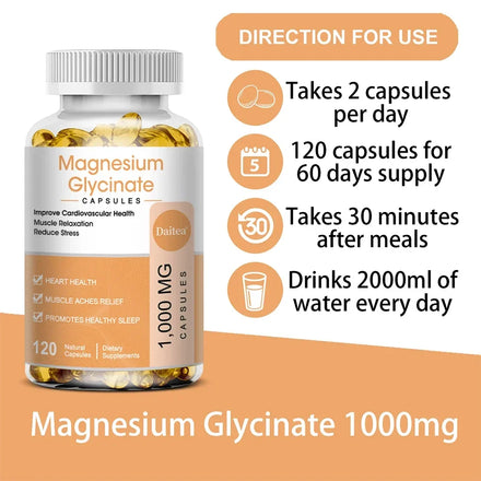 Magnesium Glycinate Capsules - Helps with Stress, Muscle, Sleep, Joints, Bones, Immune and Cardiovascular Health