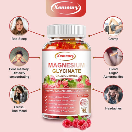 Magnesium Glycinate Gummies 400mg - Sugar Free Magnesium Potassium Supplement with Vitamins, CoQ10 for Calm Mood & Sleep Support