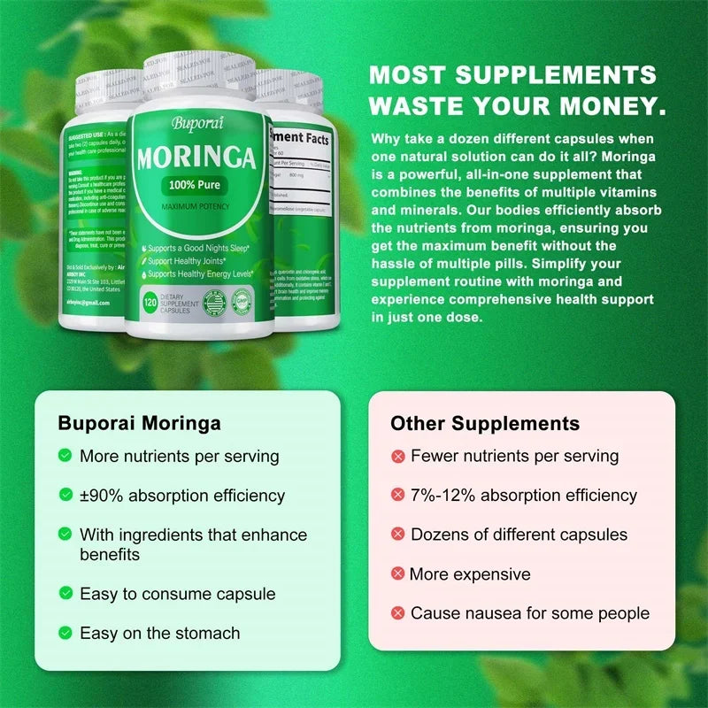 Moringa Capsules - Promote Bone, Joint, Immune Health | Enhance Energy, Endurance, Concentration