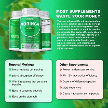 Moringa Capsules - Promote Bone, Joint, Immune Health | Enhance Energy, Endurance, Concentration