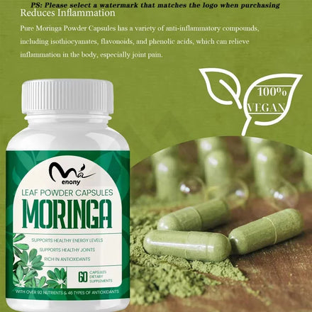 Moringa powder organic capsules 800mg, used for immune support, intestinal health, vitamins, natural green antioxidants