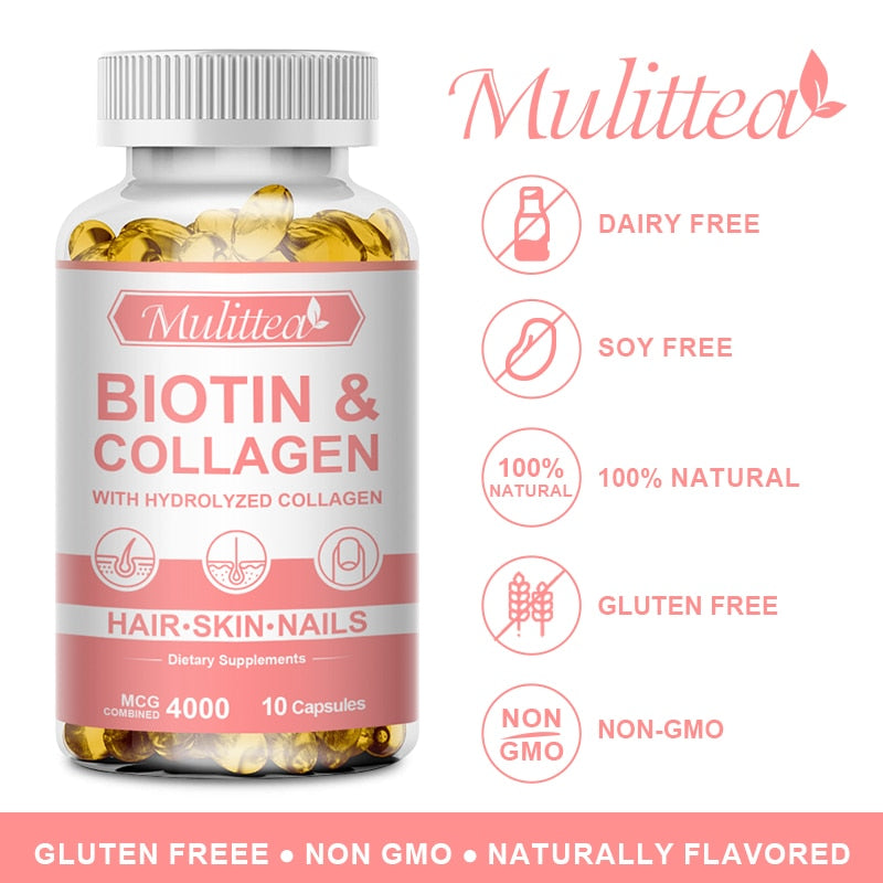 Mulittea Biotin with Collagen Supplement Protein Support Anti Aging Strong Nails Shiny Hair Glowing Smooth Skin Muslim Capsules
