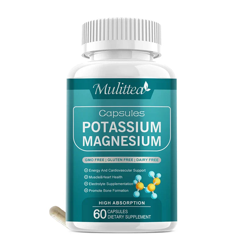 Mulittea Easily Absorbed Complex Potassium Magnesium Supplement Capsules for For Leg Spasms Muscle& Bone and Heart Health