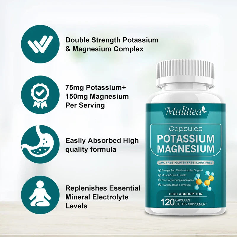 Mulittea Easily Absorbed Complex Potassium Magnesium Supplement Capsules for For Leg Spasms Muscle& Bone and Heart Health