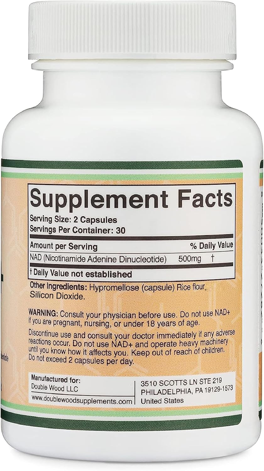 NAD Supplement (500mg of 95% Pure NAD+ Per Serving, 30 Day Supply) NAD Booster Similar to Nicotinamide Riboside (Third Party Tested, Vegan Safe, Non-GMO) by Double Wood
