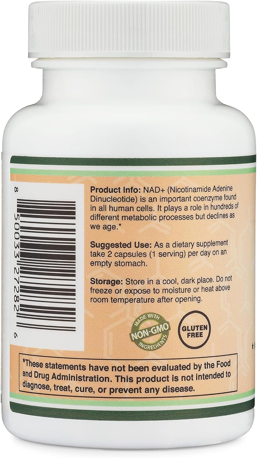 NAD Supplement (500mg of 95% Pure NAD+ Per Serving, 30 Day Supply) NAD Booster Similar to Nicotinamide Riboside (Third Party Tested, Vegan Safe, Non-GMO) by Double Wood
