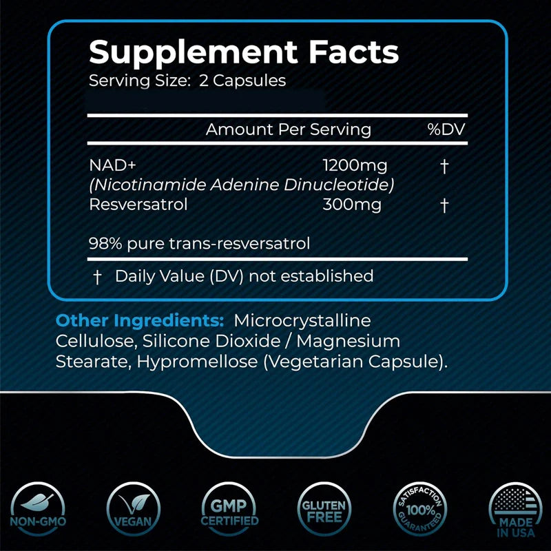NAD supplement,1500 milligrams of resveratrol containing supplement,Nad Plus promotingsupplement supportingcell health60capsules