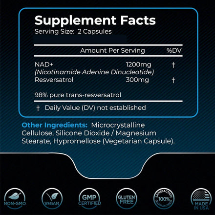 NAD supplement,1500 milligrams of resveratrol containing supplement,Nad Plus promotingsupplement supportingcell health60capsules