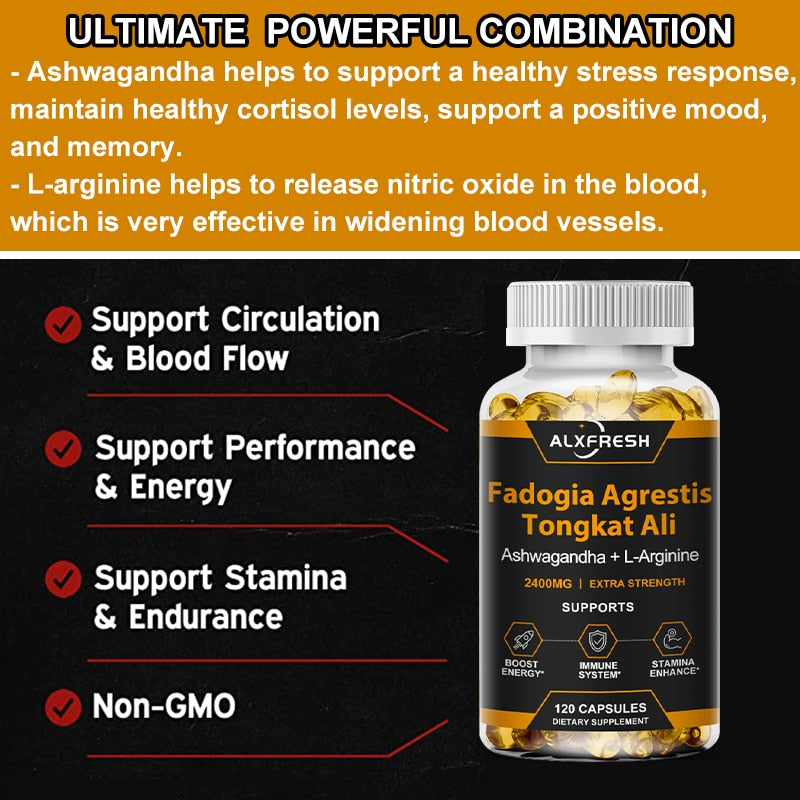 Natural Fadogia Agrestis with Tongkat Ali Root Extract for Testosterone Booster Stamina Energy Supplement
