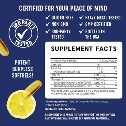 Omega 3 60 capsules fish oil over 2100 milligrams Omega 3 fatty acids | 1300 milligrams EPA+860 milligrams DHA