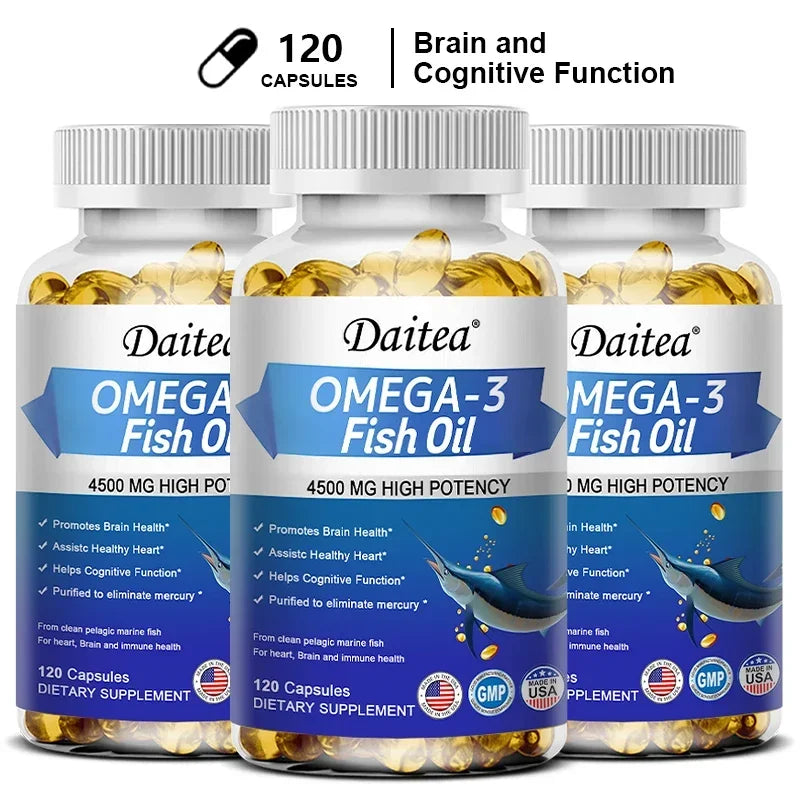Omega 3 Fish Oil Capsules Triple Strength 4500 Mg EPA & DHA High Antioxidant Brain Heart Health, Helps Immune Cognitive Function