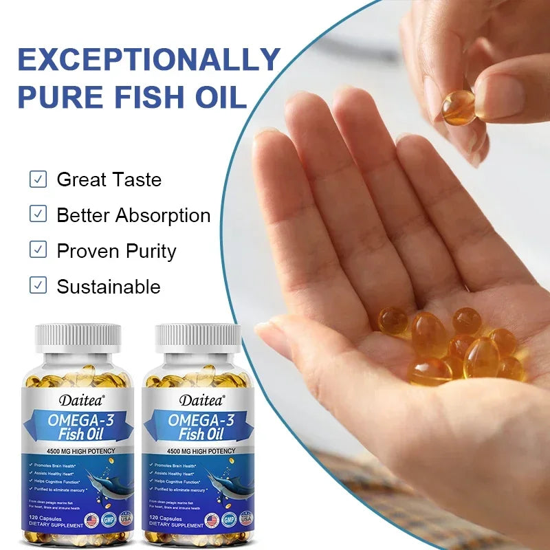 Omega 3 Fish Oil Capsules Triple Strength 4500 Mg EPA & DHA High Antioxidant Brain Heart Health, Helps Immune Cognitive Function