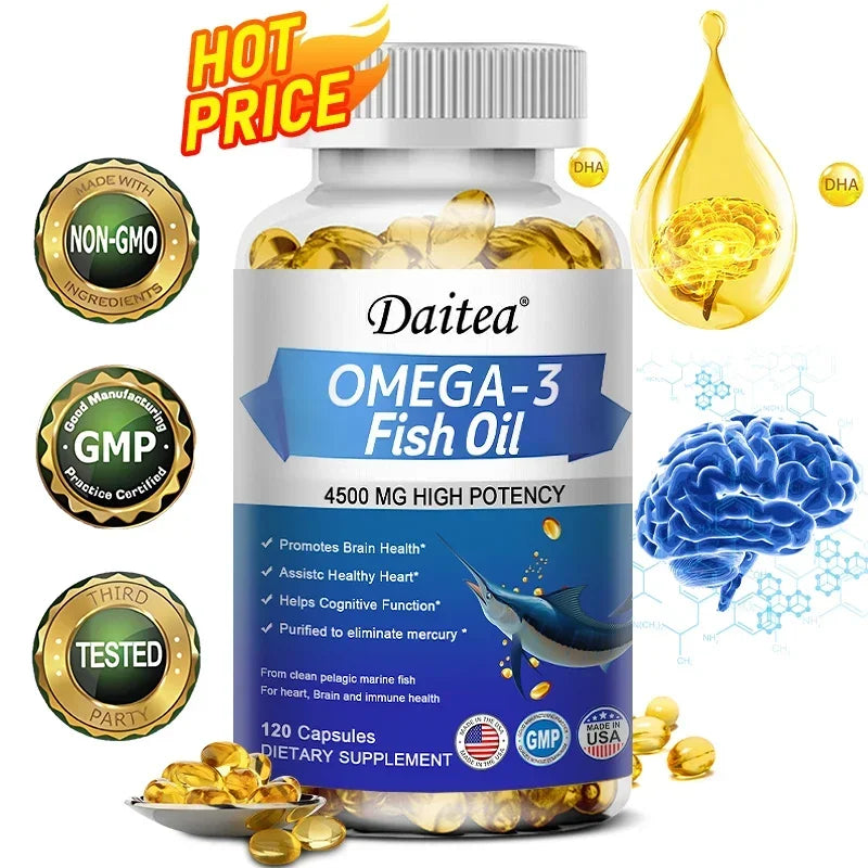 Omega 3 Fish Oil Capsules Triple Strength 4500 Mg EPA & DHA High Antioxidant Brain Heart Health, Helps Immune Cognitive Function