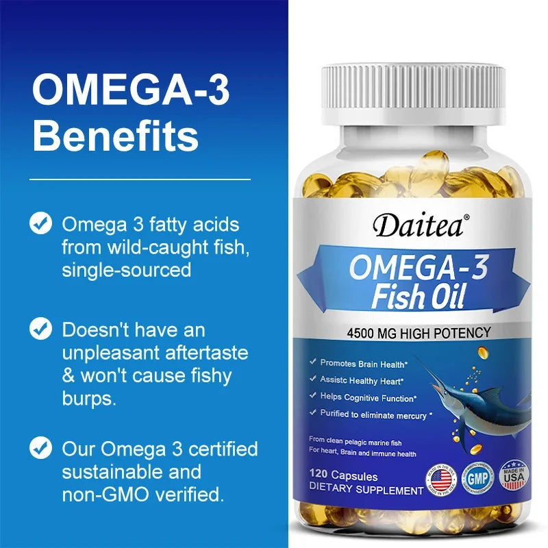 Omega 3 Fish Oil Capsules Triple Strength 4500 Mg EPA & DHA High Antioxidant Brain Heart Health, Helps Immune Cognitive Function