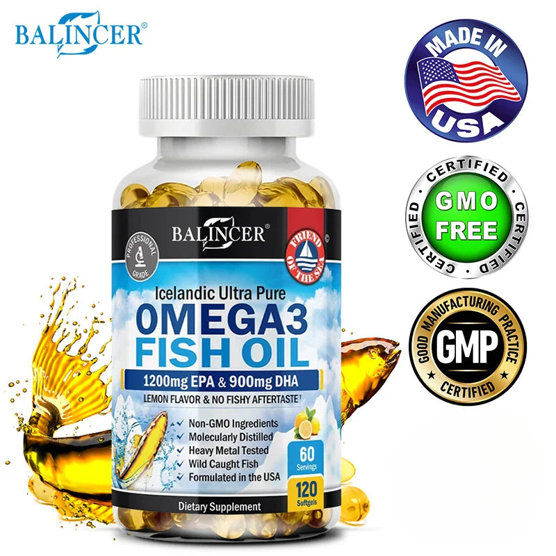 Omega 3 Fish Oil Capsules - Ultra-Pure Supplement - Promotes Joint, Eye, Skin Health, Supports Fatty Acids, Immune Support