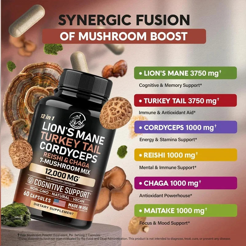 Organic Lion Mane Turkey Tail, Cordyceps sinensis, Ganoderma lucidum, Mushroom, and Oyster 12 in 1 Complex 12000 mg, 60 capsules