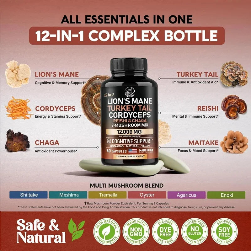 Organic Lion Mane Turkey Tail, Cordyceps sinensis, Ganoderma lucidum, Mushroom, and Oyster 12 in 1 Complex 12000 mg, 60 capsules