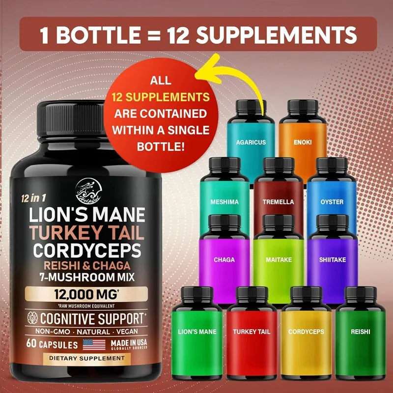 Organic Lion Mane Turkey Tail, Cordyceps sinensis, Ganoderma lucidum, Mushroom, and Oyster 12 in 1 Complex 12000 mg, 60 capsules