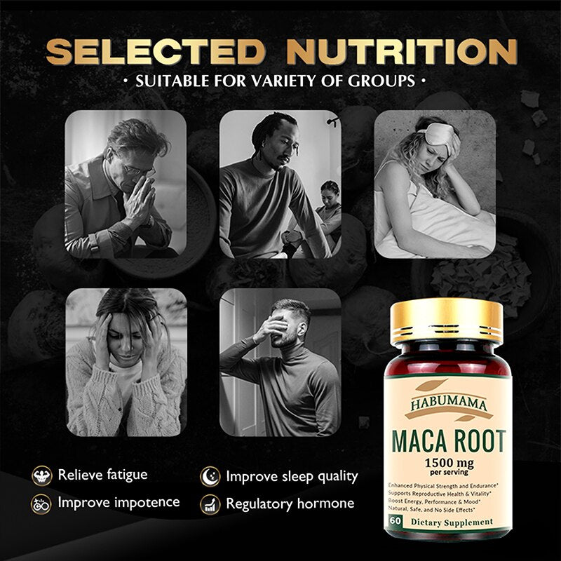 Organic Maca Root Enlargement Stamina Capsules 1500mg with Black, Red, Yellow Peruvian Maca Extract Supplement for Men and Women