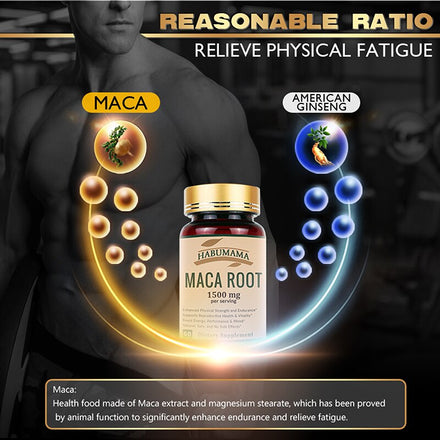 Organic Maca Root Enlargement Stamina Capsules 1500mg with Black, Red, Yellow Peruvian Maca Extract Supplement for Men and Women