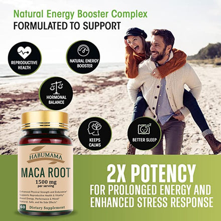 Organic Maca Root Enlargement Stamina Capsules 1500mg with Black, Red, Yellow Peruvian Maca Extract Supplement for Men and Women