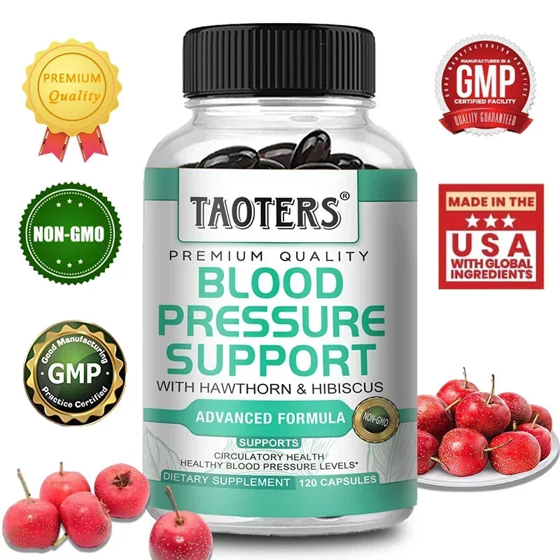 Premium Blood Pressure Supplement for Cardiovascular and Heart Health with Garlic, Hawthorn & Hibiscus - 120 Capsules