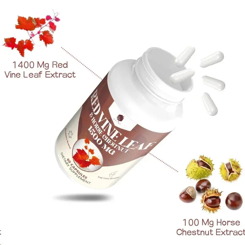 Red Vine Leaf and Horse Chestnut Extract 60 Capsule Supplement for Healthy Veins Circulation Heart and Skin