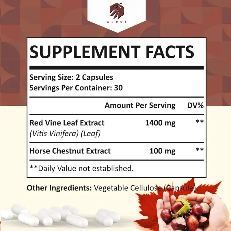 Red Vine Leaf and Horse Chestnut Extract 60 Capsule Supplement for Healthy Veins Circulation Heart and Skin