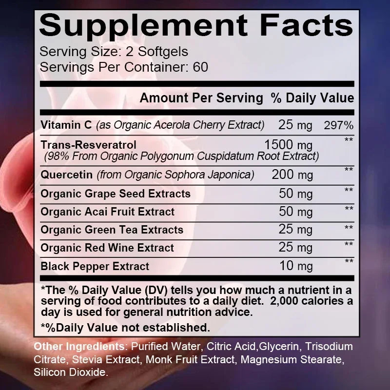 Resveratrol 1500mg Supplement - Antioxidant, Anti-Aging, Skin Radiance, Heart, Cardiovascular, Immune, Metabolism