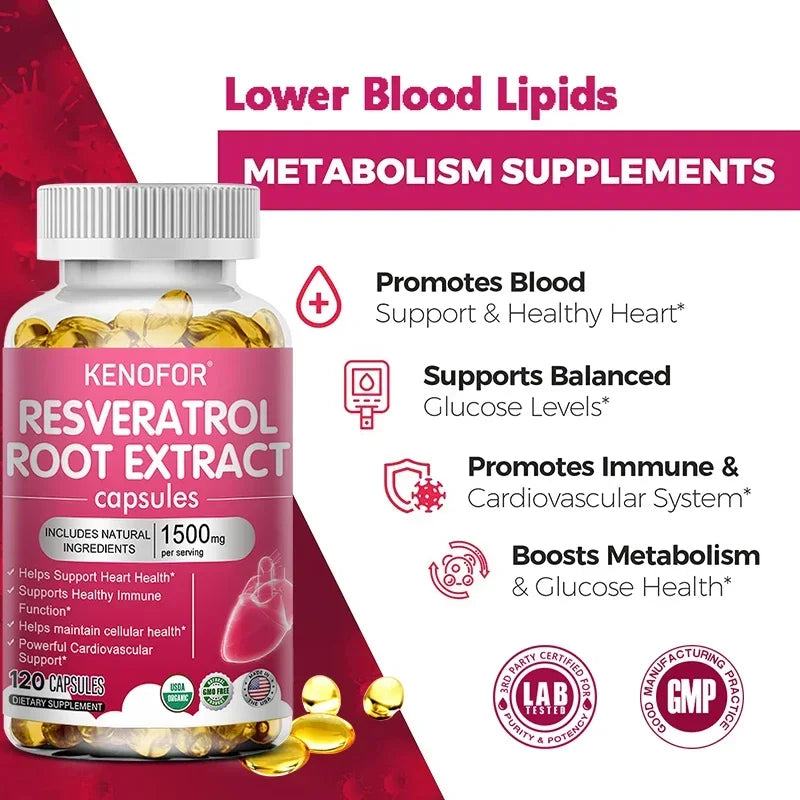 Resveratrol 1500mg Supplement - Antioxidant, Anti-Aging, Skin Radiance, Heart, Cardiovascular, Immune, Metabolism