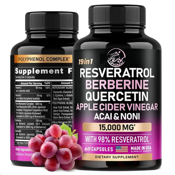 Resveratrol 60 Capsules Supplement 15000mg 19-in-1 Organic Polyphenol Complex Astartate Quercetin Apple Vinegar Antioxidant in Pakistan Resveratrol 60 Capsules Supplement 15000mg 19-in-1 Organic Polyphenol Complex Astartate Quercetin Apple Vinegar Antioxidant in Pakistan