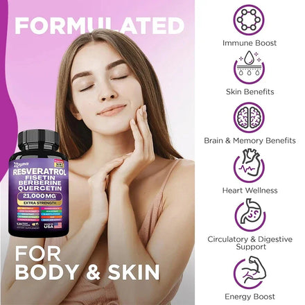 Resveratrol, Fisetin, Berberine, Quercetin Capsule Supplement, Skin, Immunity, Antioxidant, Promote Overall Health & Metabolism