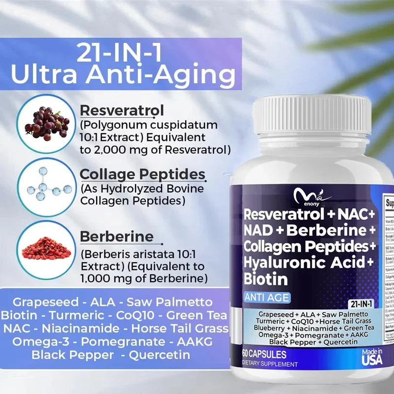 Resveratrol NAD Aspartate Hyaluronic Acid Grape and Blueberry Collagen Peptides Hair, Nail, Skin, and Joint Supplements Capsules